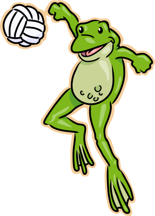Vector Illustration of Amphibian Frog Portrayed as Benign, Ugly, and Clumsy Plays Beach Volleyball