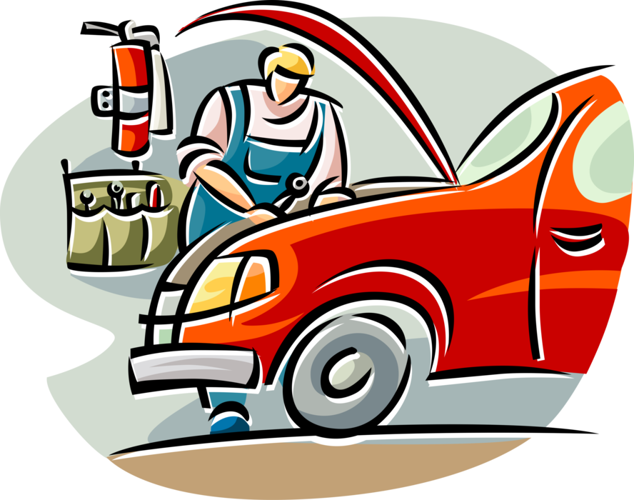 Vector Illustration of Automotive Service Technician Garage Mechanic Working on Motor Vehicle Car 