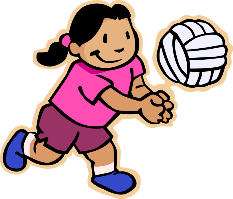 Vector Illustration of Primary or Elementary School Student Girl Plays Volleyball
