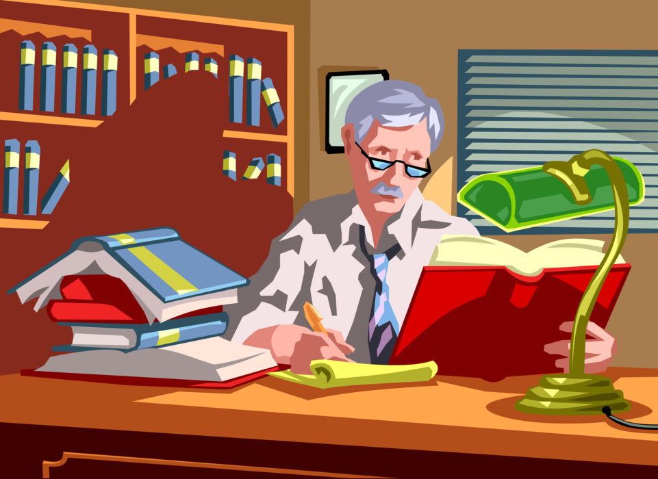 Vector Illustration of Lawyer Studies Legal Law Books Preparing for Court Case