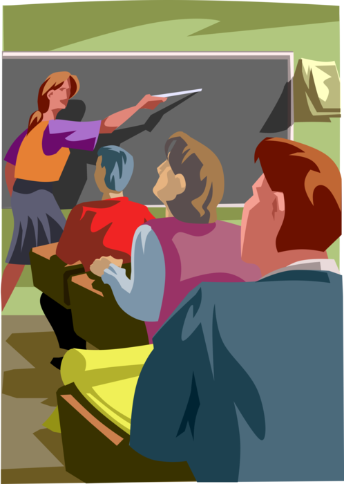 Vector Illustration of Teacher Teaching Students at Blackboard Chalkboard in School Classroom