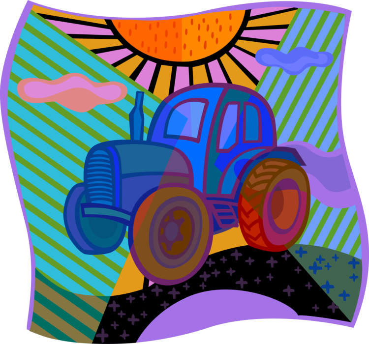 Vector Illustration of Farm Equipment Tractor with Sun and Fields