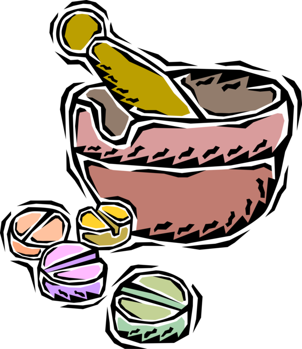 Vector Illustration of Pharmaceutical Industry Mortar and Pestle to Create Medical Drugs and Medicine