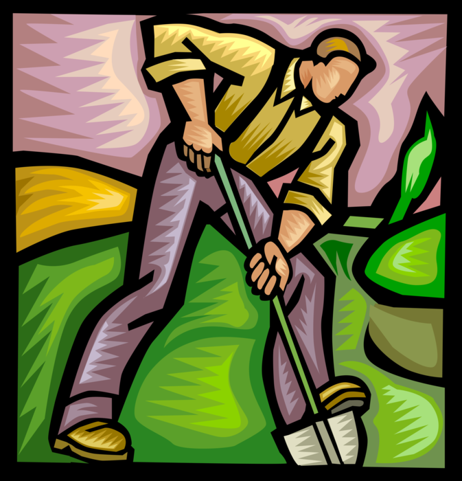 Vector Illustration of Farmer Digging in Soil on Farm with Shovel