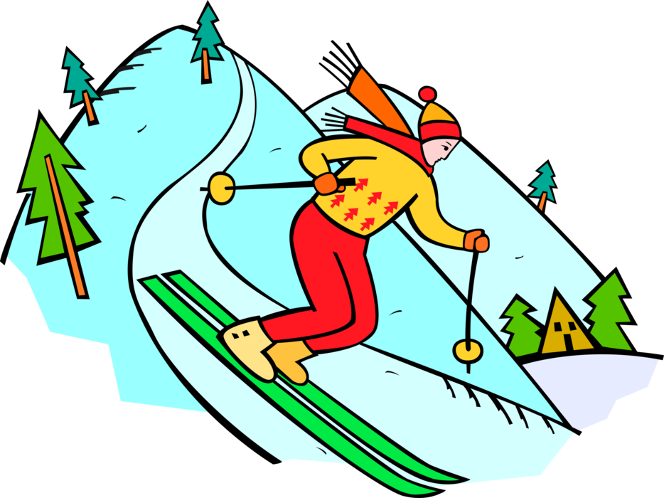 Vector Illustration of Downhill Alpine Skier Skiing Down Mountain on Skis