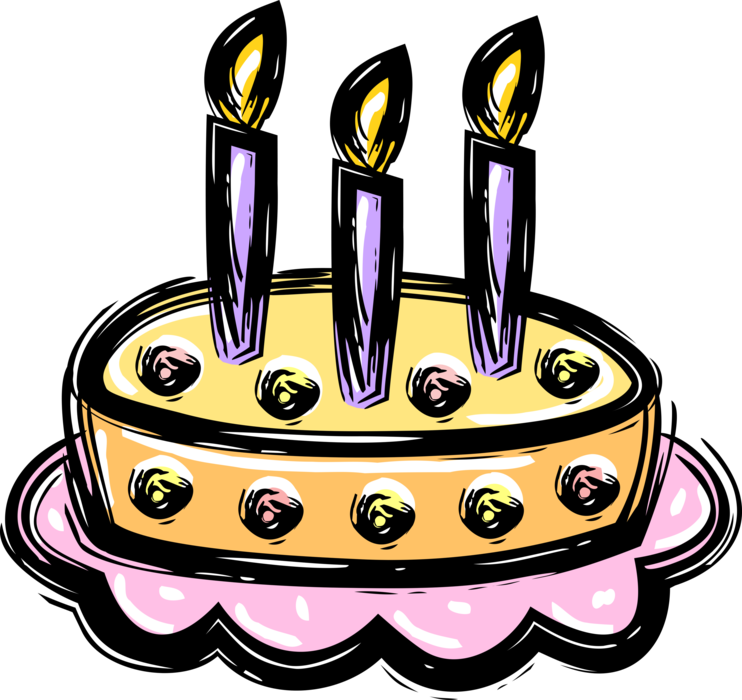 Vector Illustration of Dessert Pastry Birthday Cake with Lit Candles