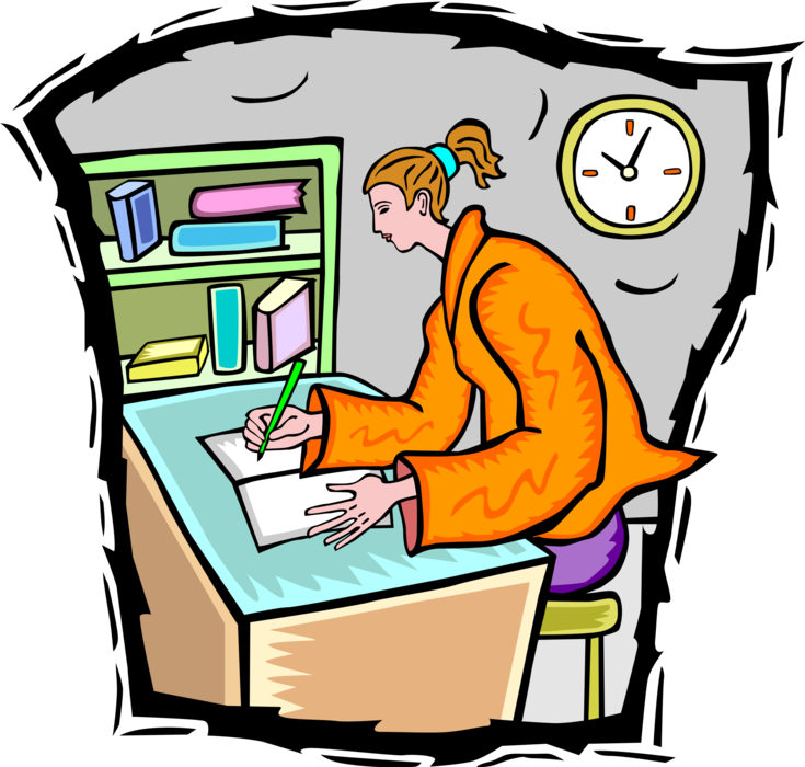 Vector Illustration of Student Doing Homework Work Assignment on Desk