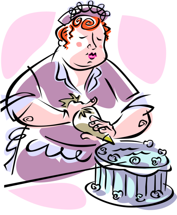 Vector Illustration of Baker and Cake Decorator Decorates with Icing in Bakery