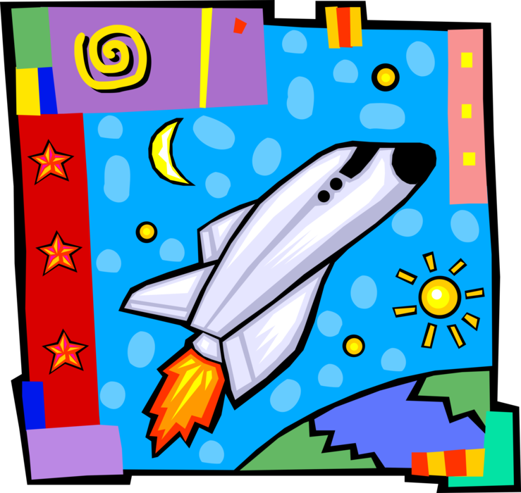 Vector Illustration of United States NASA Space Shuttle Reusable Low Earth Orbital Spacecraft Rockets into Outer Space