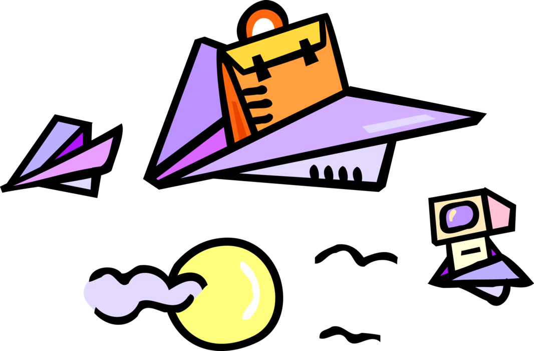 Vector Illustration of Paper Airplane Toy Aircraft Gliders with Briefcase and Computer in Flight