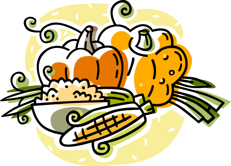 Vector Illustration of Thanksgiving Fall Harvest Pumpkin Squash and Corn Husks