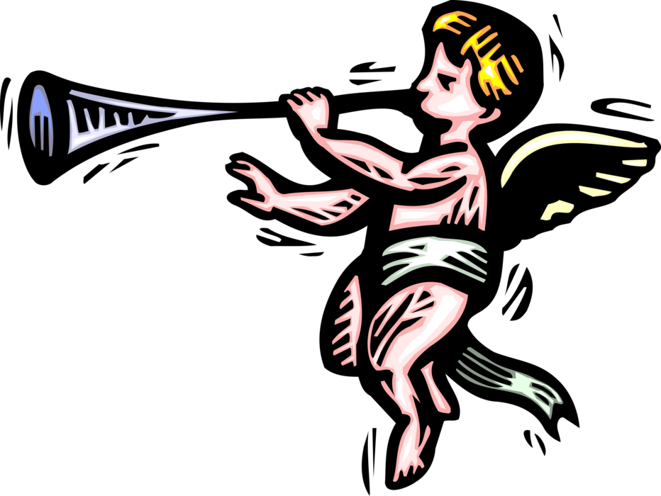 Vector Illustration of Angelic Spiritual Cherub Angel Blows Trumpet Horn