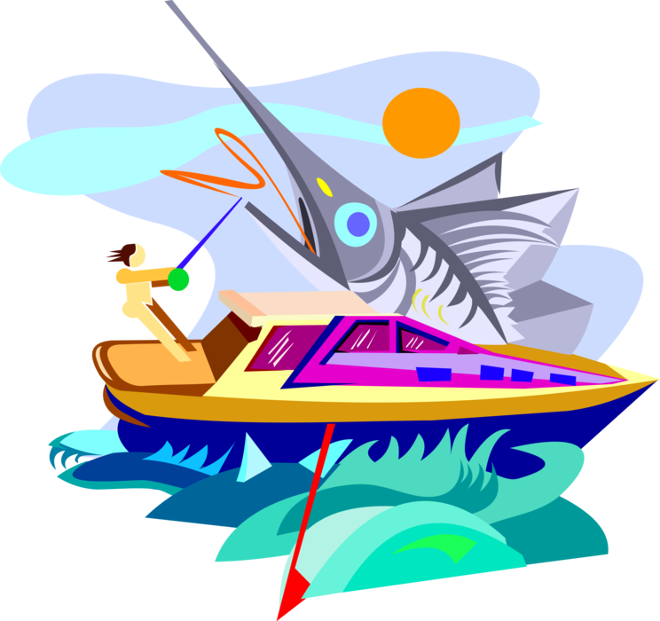 Vector Illustration of Sport Fisherman Angler Fishing on Boat Catches Predatory Billfish Swordfish Sailfish