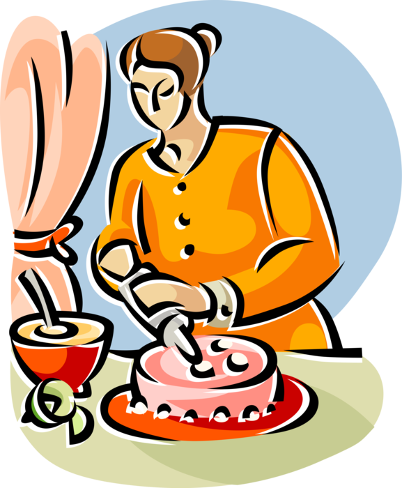 Vector Illustration of Cake Frosting and Decorating Putting Icing Frosting on Bakery Cake