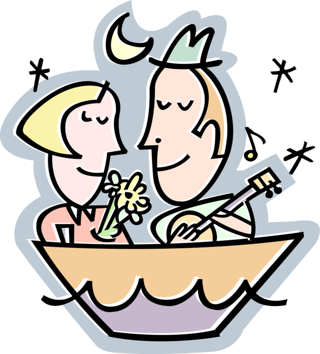Vector Illustration of Romantic Couple in Boat on Water Musician Serenades on Guitar Musical Instrument