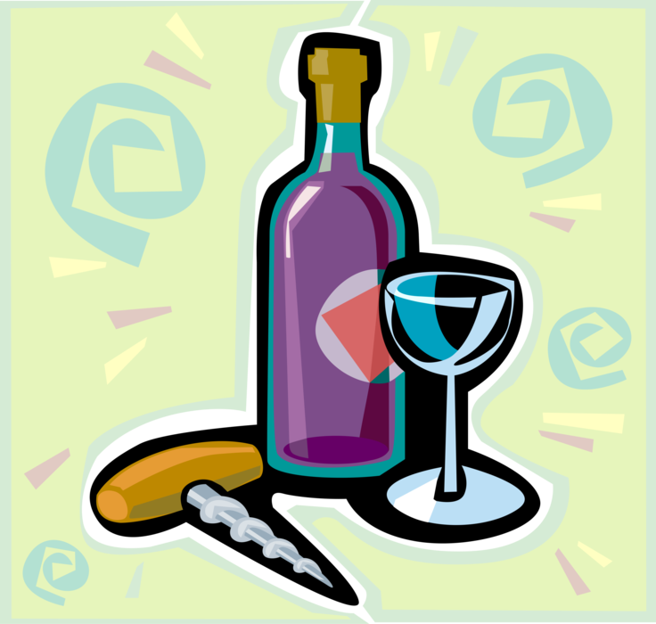 Vector Illustration of Bottle of Wine with Glass and Corkscrew