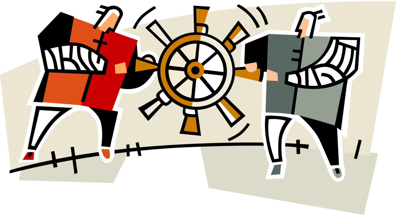 Vector Illustration of Teamwork and Cooperation with Ship's Helm Wheel for Changing Course