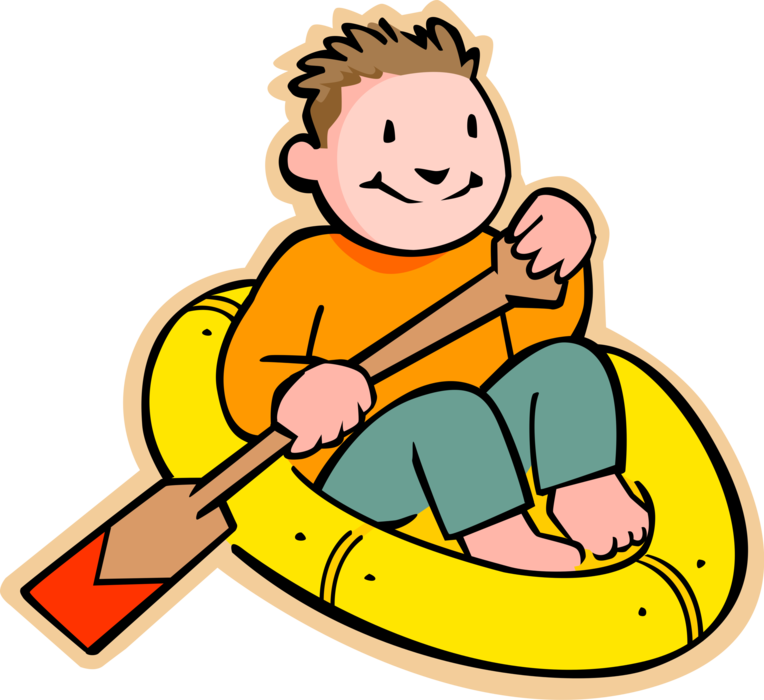 Vector Illustration of Primary or Elementary School Student Boy in Rubber Raft with Paddle