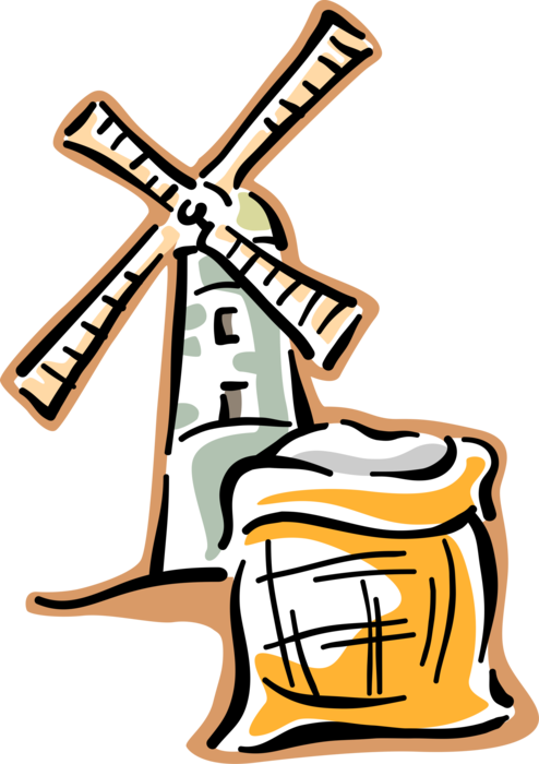 Vector Illustration of Dutch Windmill in The Netherlands, Holland with Milled Grain Flour