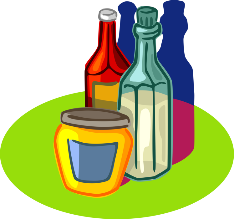 Vector Illustration of Fast Food Condiments, Ketchup, Vinegar, Mustard