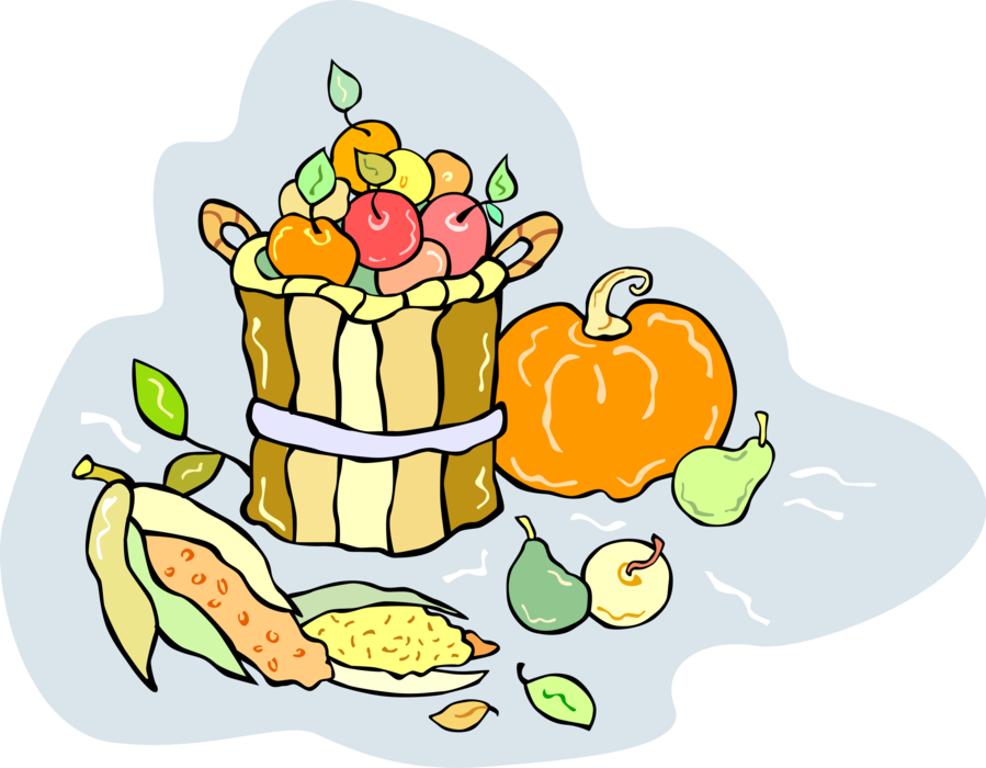 Vector Illustration of Wicker Basket of Harvest Fruit with Squash Pumpkin and Corn Husks