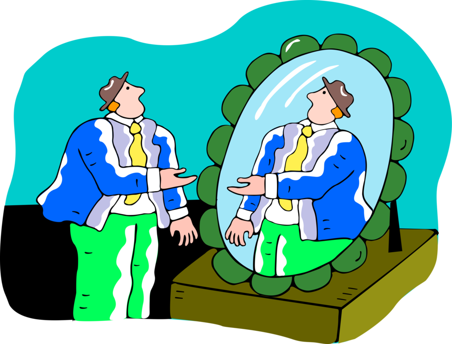 Vector Illustration of Businessman Looks Into Mirror Sees Reflection