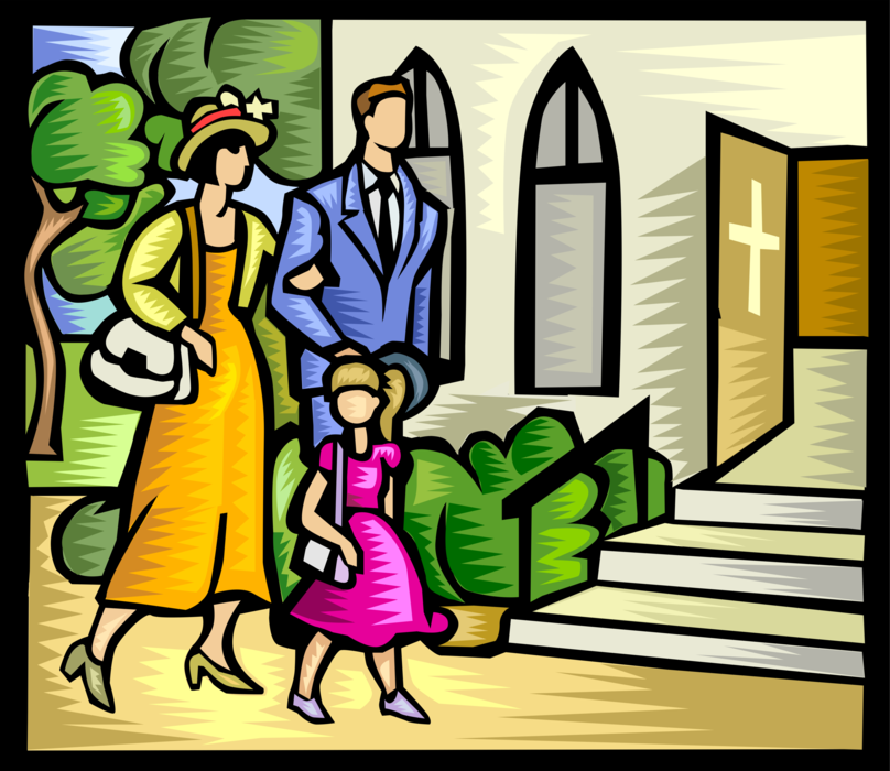 Vector Illustration of Family Parents and Child Attend Church Service on Sunday Morning