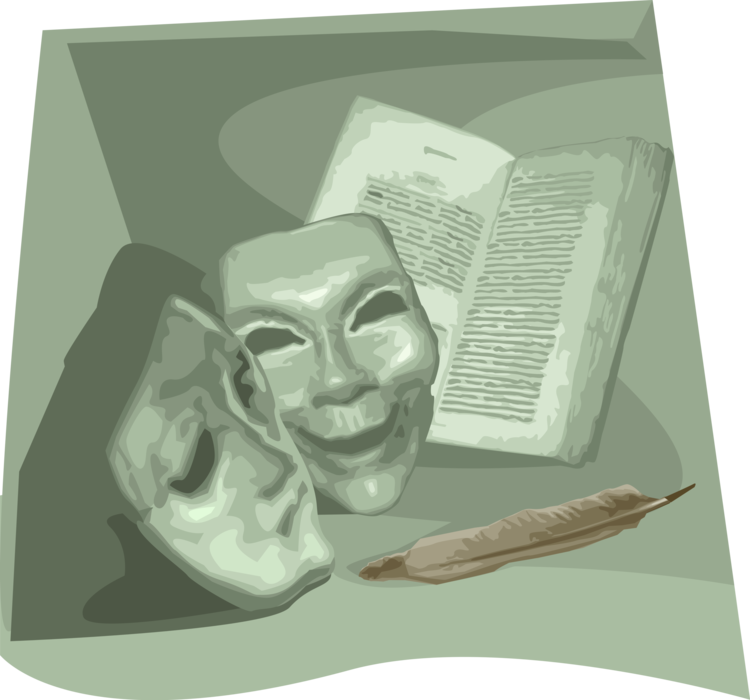 Vector Illustration of Theatre or Theater Comedy and Drama Masks with Feather Quill and Book