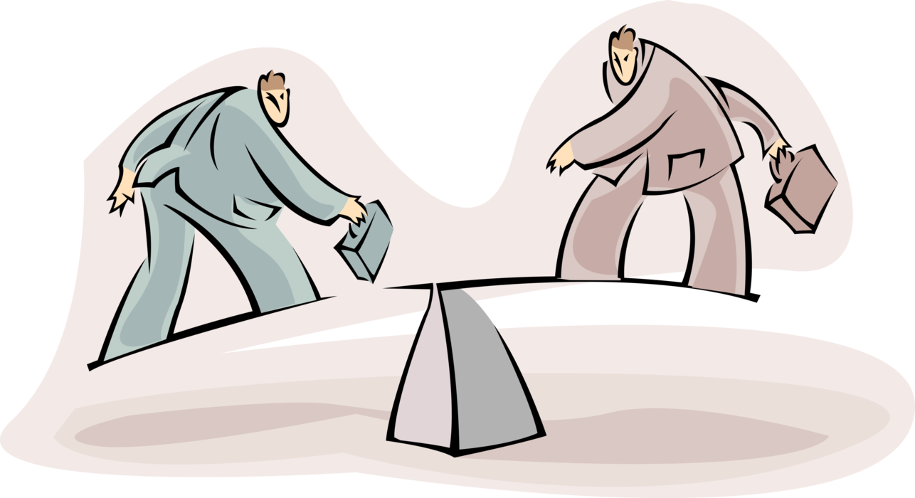 Vector Illustration of Businessmen Challenge Each Other to Move First on Teeter-Totter Seesaw