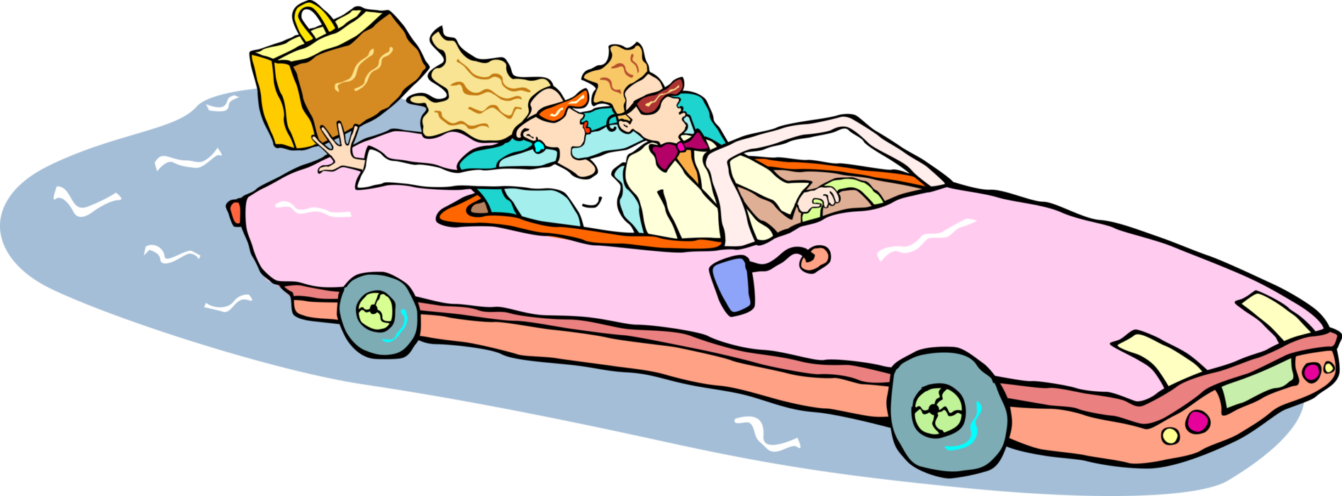 Vector Illustration of Sports Car Convertible with Young Couple on Holiday Vacation with Luggage