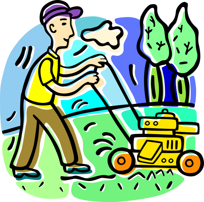 Vector Illustration of Lawn Care Cutting the Grass with Lawn Mover