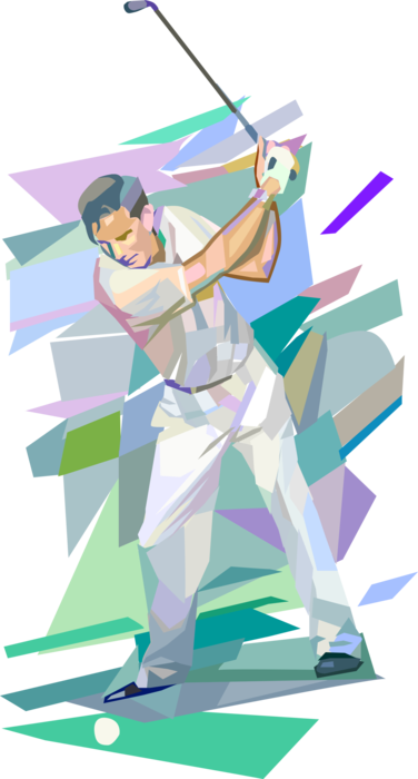 Vector Illustration of Sport of Golf Golfer Teeing Off During Game of Golf Swings the Club