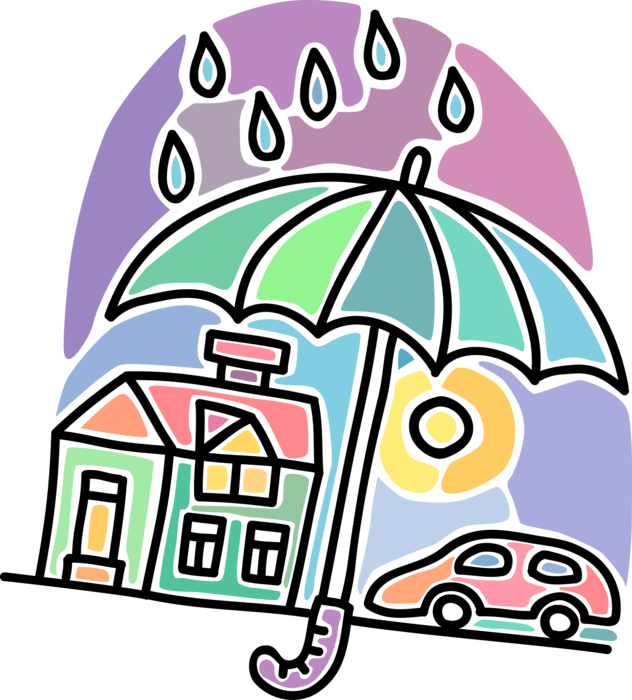 Vector Illustration of Home and Automobile Car Insurance Coverage with Umbrella