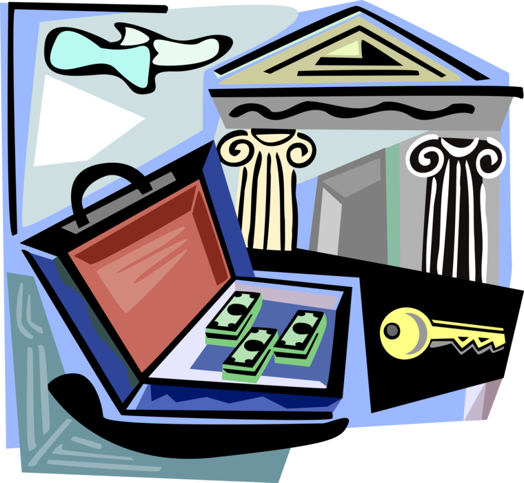Vector Illustration of Briefcase with Cash Dollar Money, Safe Deposit Box Key, and Bank