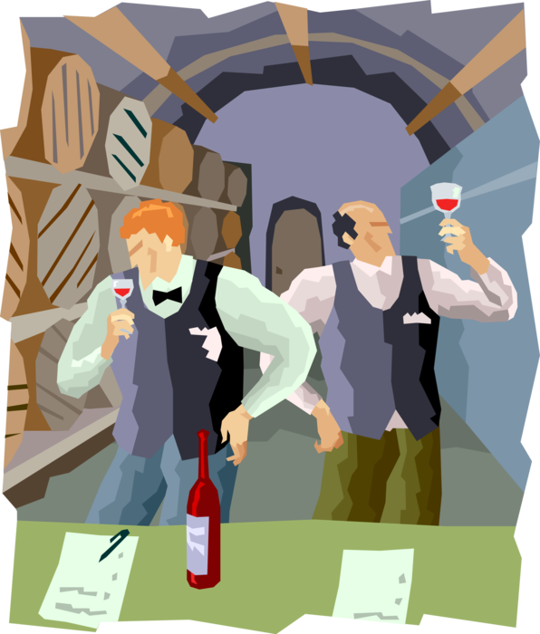 Vector Illustration of Sommelier Wine Steward Taste Testing Wine with Casks in Wine Cellar