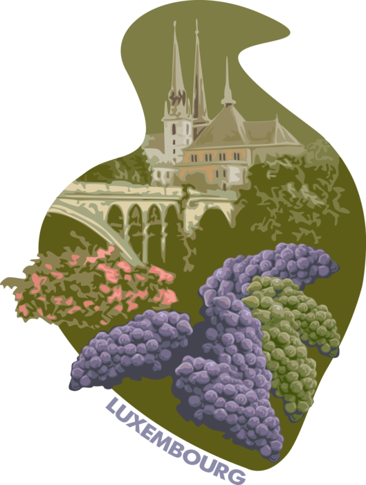 Vector Illustration of Luxembourg Wine Grapes, Notre-Dame Roman Catholic Cathedral Postcard Design