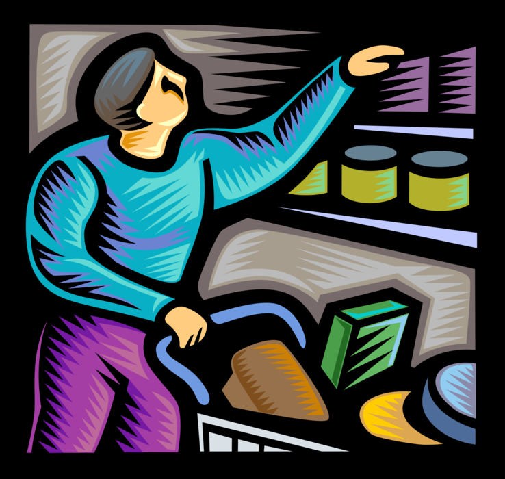 Vector Illustration of Supermarket Shopping for Groceries in Grocery Store with Food Cart