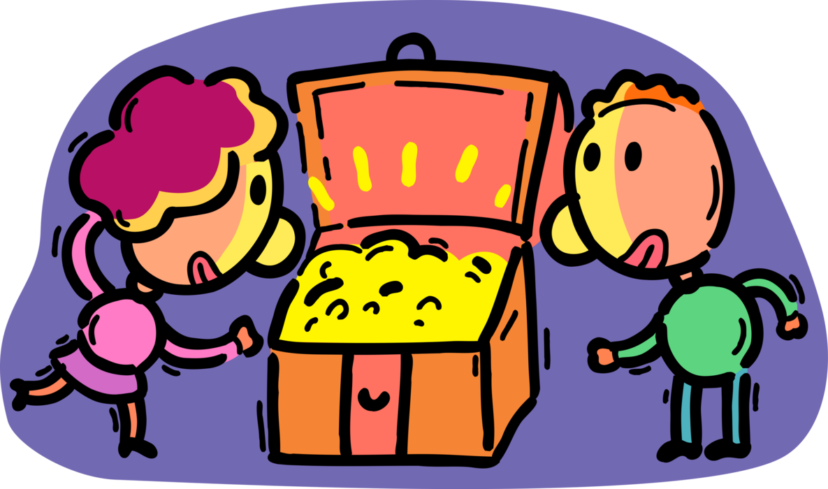 Vector Illustration of Couple Discover Treasure Chest Holding Wealth and Great Riches