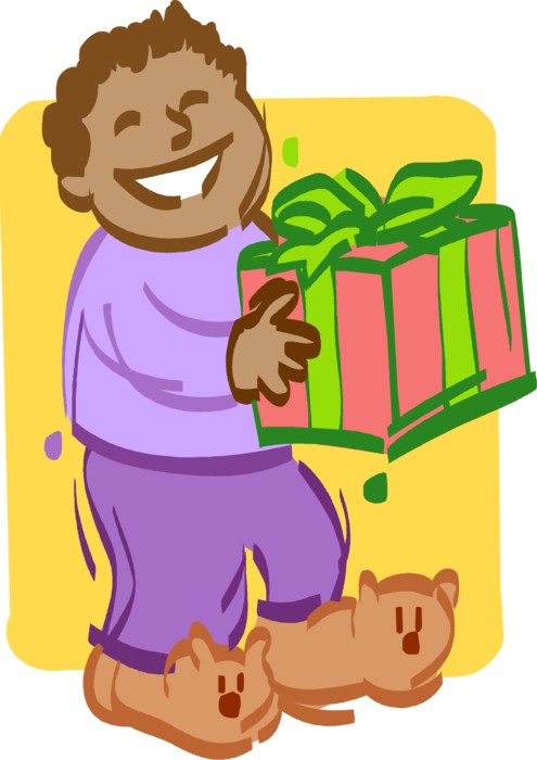 Vector Illustration of Little Boy with Christmas Present