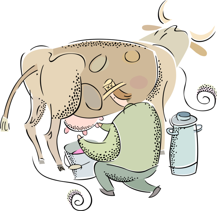 Vector Illustration of Dairy Farmer with Milking Cows in Farm Barn with Milk Cans