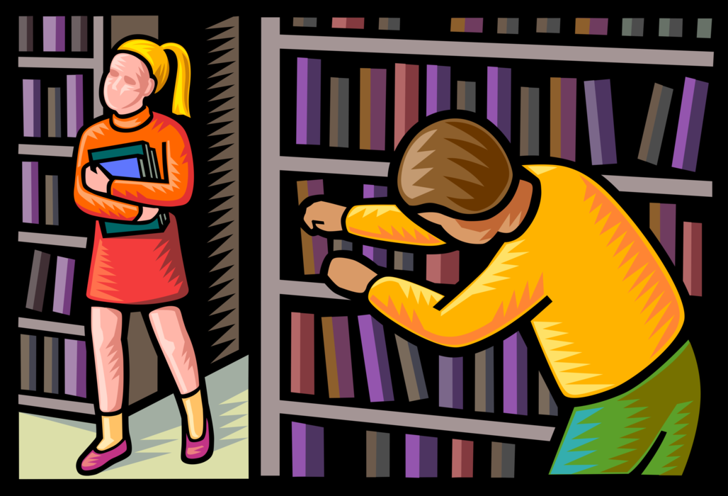 Vector Illustration of Students with Books in School Library