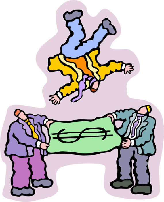 Vector Illustration of Businessmen Flip Colleague in the Air with Dollar Bill Money