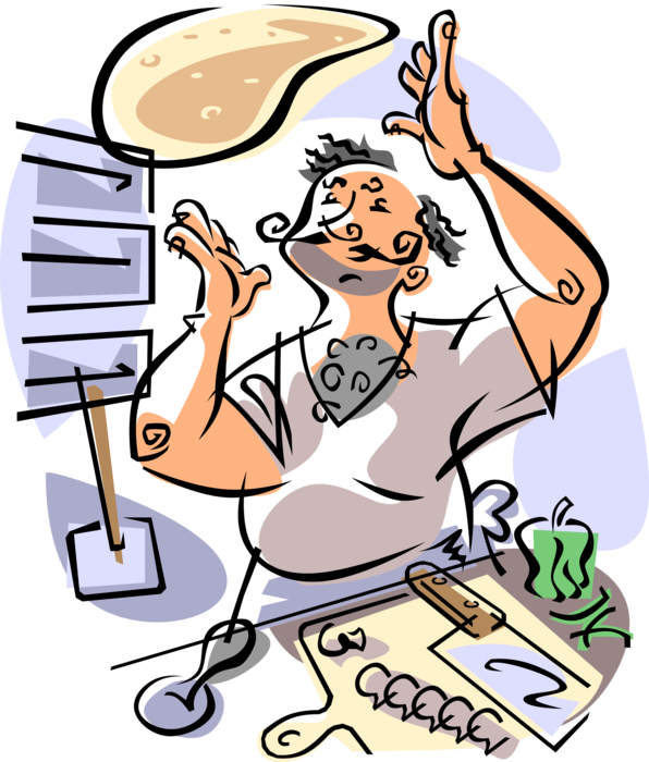 Vector Illustration of Italian Chef in Take Out Restaurant Tosses Pizza Dough in Air