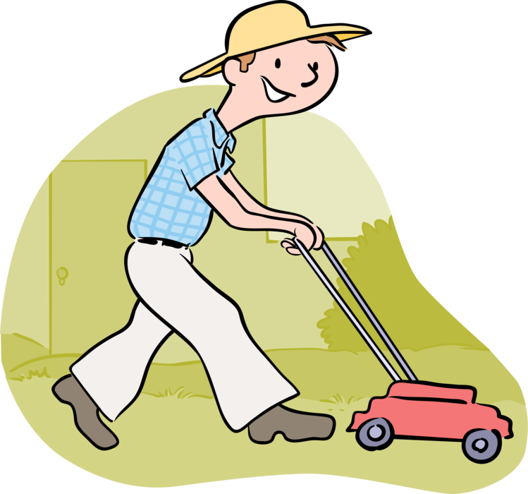 Vector Illustration of Mowing the Grass with Yard Work Lawn Mower