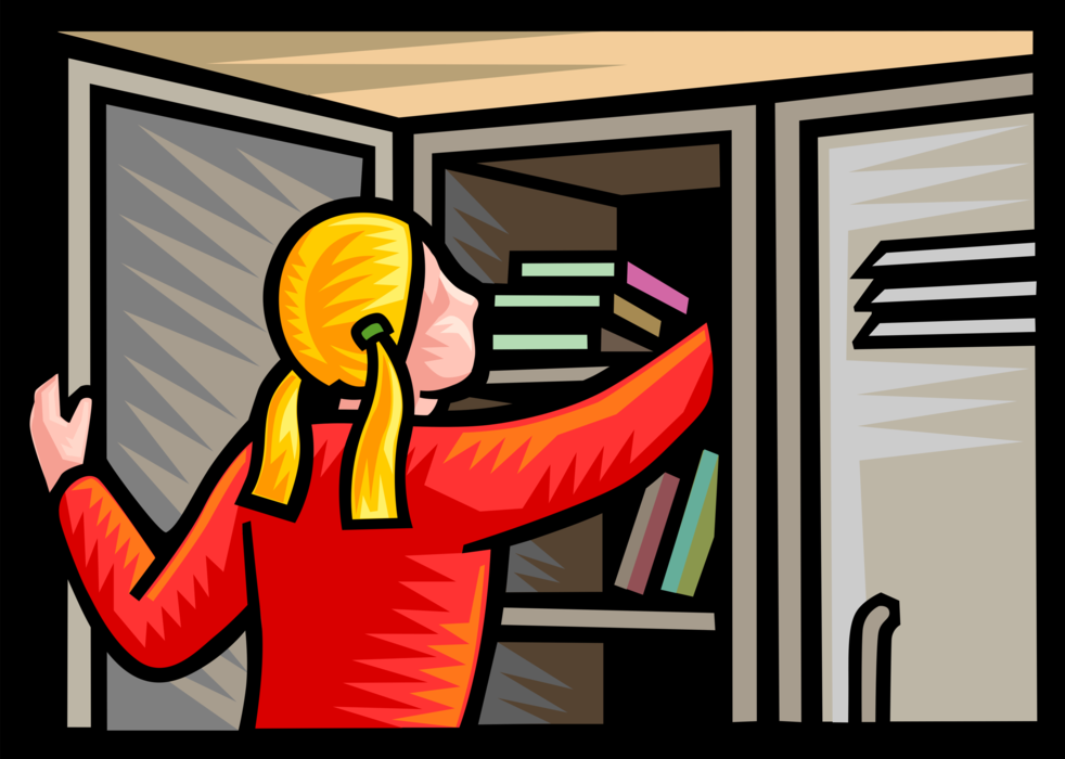 Vector Illustration of Student Places Textbook Books in School Locker