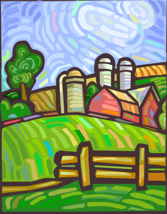 Vector Illustration of Verdant Farmstead Pasture with Farmhouse, Barn and Grain Silos