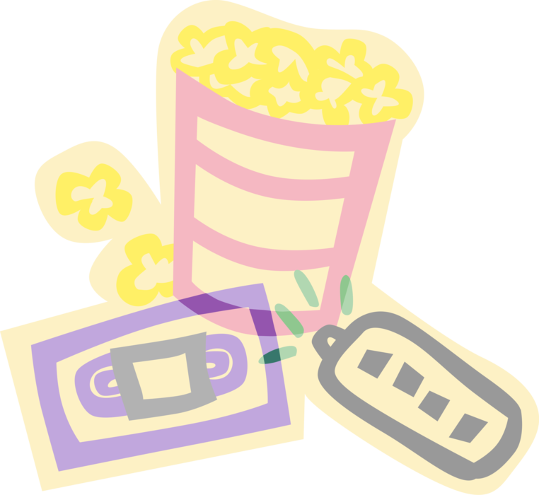 Vector Illustration of Theatre or Theater Popcorn with Remote Control and Videotape