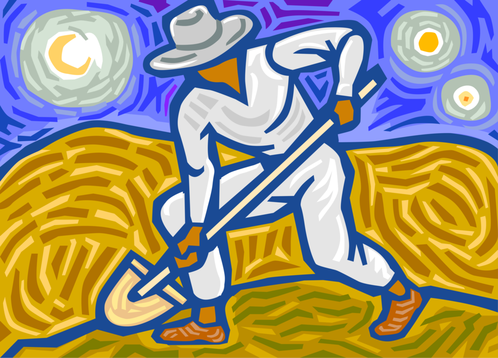Vector Illustration of Farmer with Shovel Breaking the Soil with Shovel on Farm