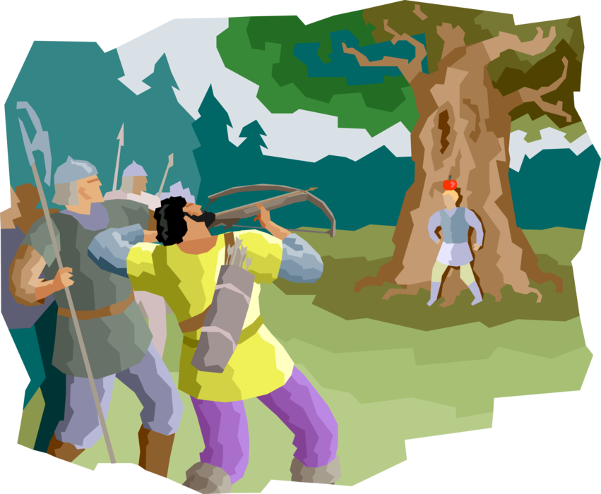 Vector Illustration of Legend of William Tell Shooting an Apple From His Child's Head with Bow and Arrow
