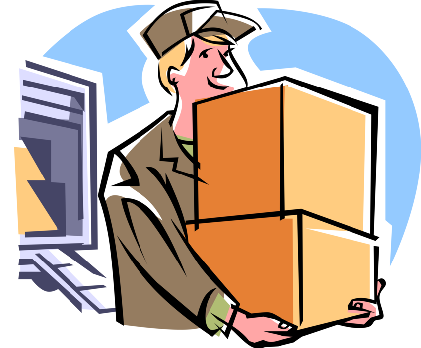 Vector Illustration of Overnight Courier Deliveryman Delivers Small Package Boxes with Delivery Vehicle 